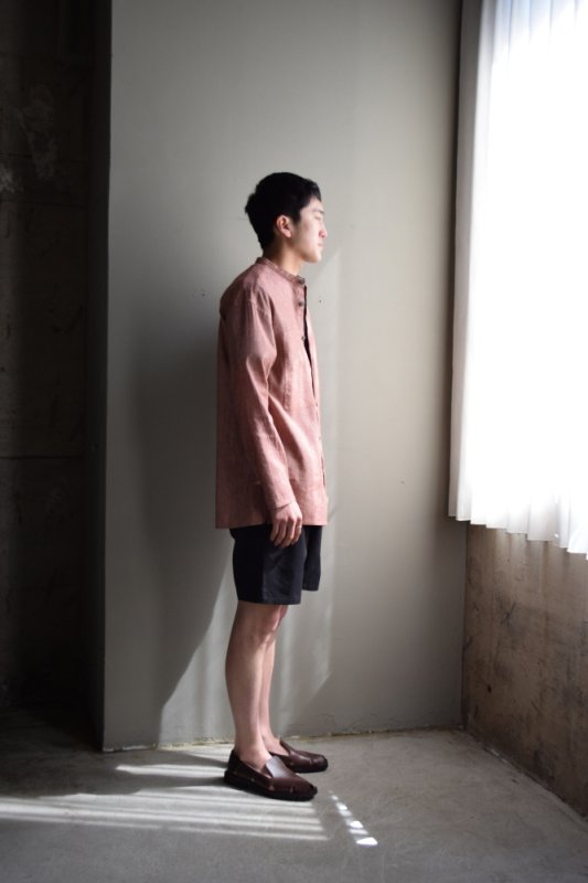 SALE】Cale (カル) WOOL LINEN LIGHT GARMENT DYE COLLARLESS SHIRT SALE】Cale (カル) WOOL LINEN LIGHT GARMENT DYE COLLARLESS SHIRT