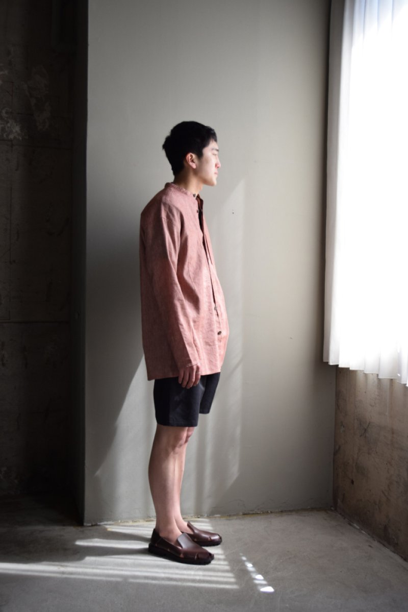 画像1: 【SALE】Cale (カル) WOOL LINEN LIGHT GARMENT DYE COLLARLESS SHIRT  [TERRACOTTA]