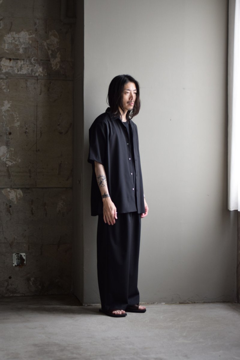 画像1: MARKAWARE (マーカウェア) Organic Wool 2/80 Tropical Italian Open Collar S/S Shirt [BLACK] 