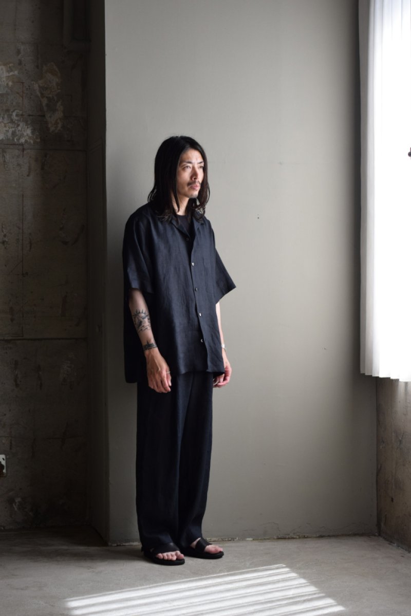 画像1: MARKAWARE (マーカウェア) Hemp Shirting New Open Collar S/S Shirt [BLACK]